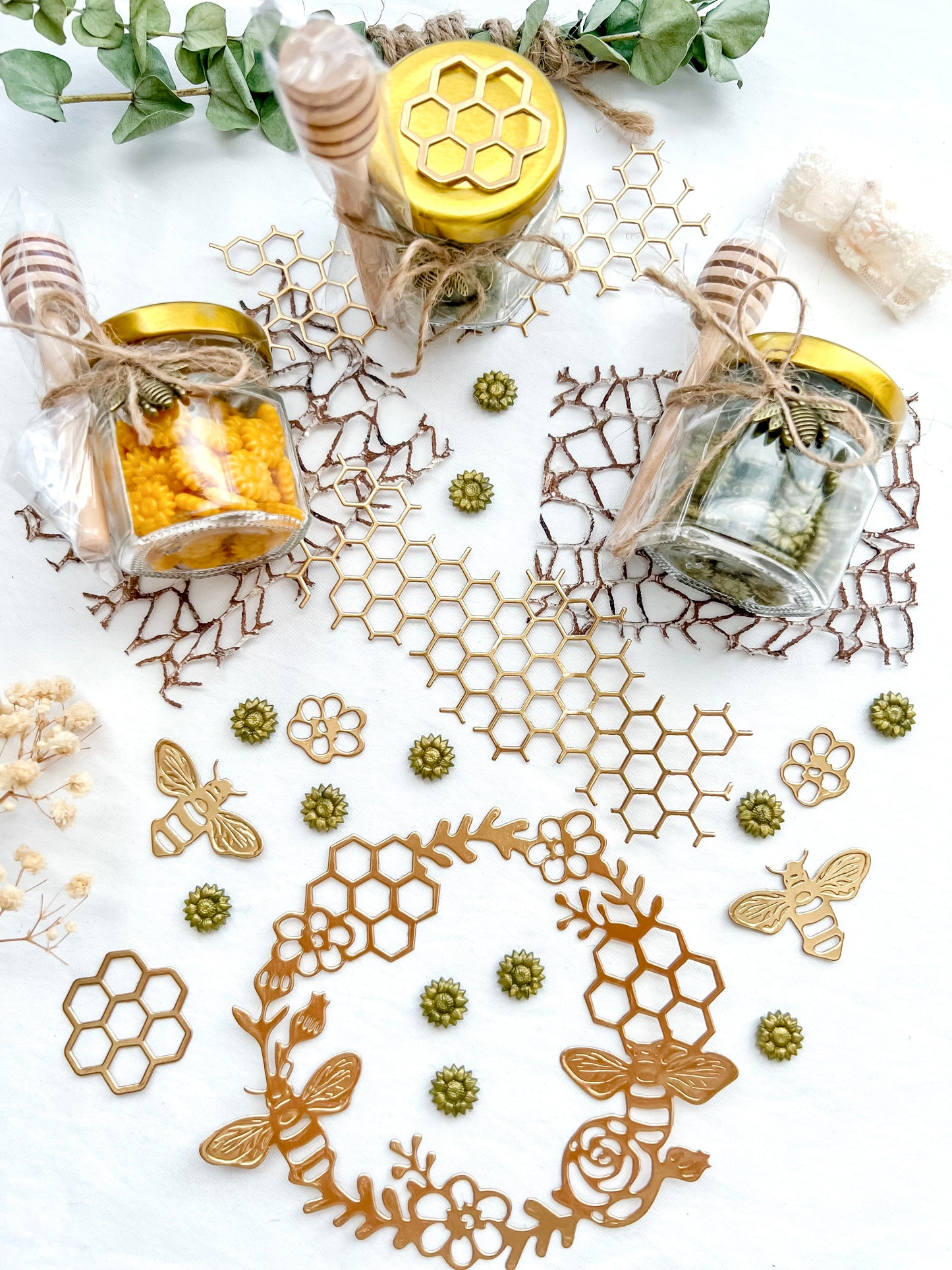 Sunflower Wax Beads Glass Hexagon container with wooden dipper Metallic Gold Die Cuts