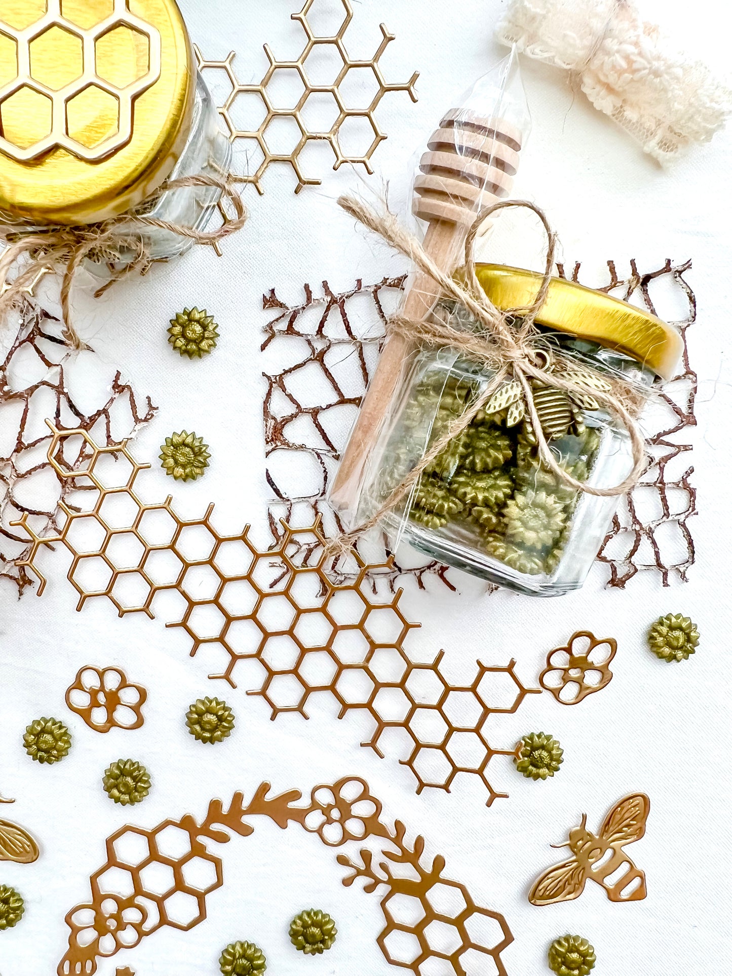 Sunflower Wax Beads Glass Hexagon container with wooden dipper  Metallic Gold Die Cuts